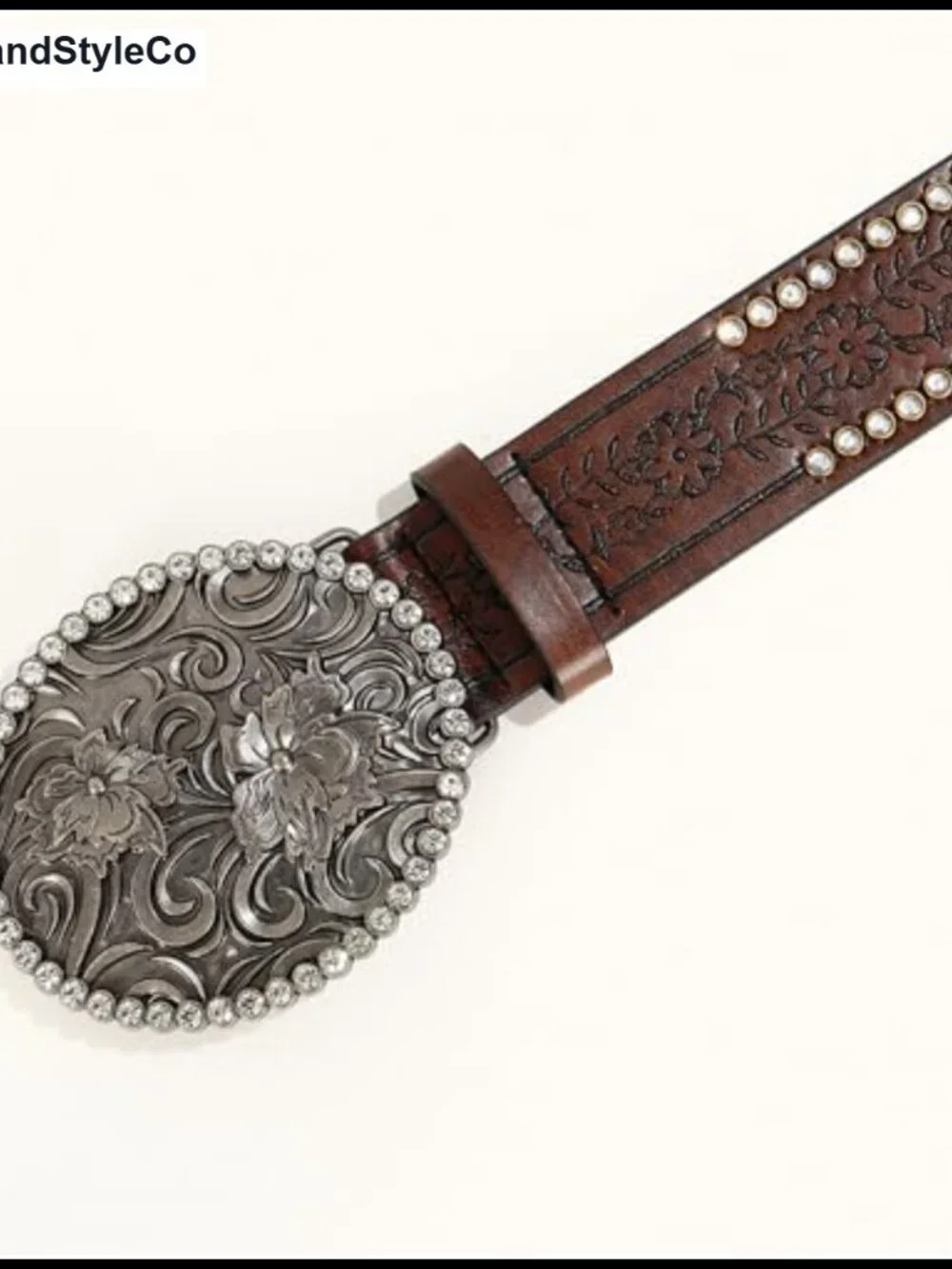 Western Cowboy Leather Belt with Rhinestone Oval Buckle for Women - Embossed PU